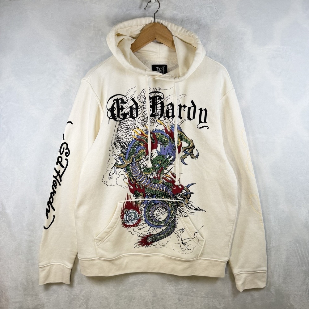 Ed Hardy Logo Dragon Big Graphic Pullover Hoodie Men's Large Cream White